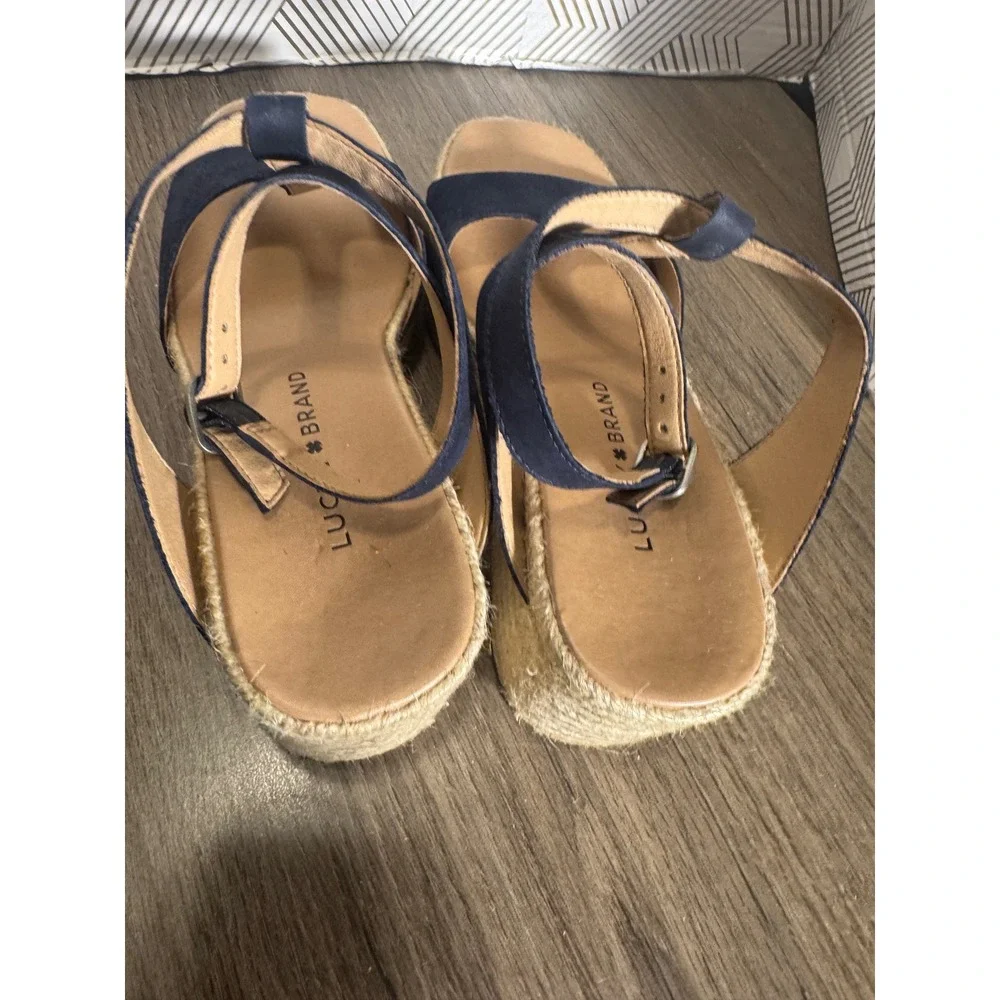 Lucky Brand Valki Navy Blue Leather T-Strap Espadrille Wedge Sandals 6.5M